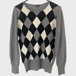 Benson Cashmere Argyle Scoop-Neck Long-Sleeve Pullover Sweater Women's XL Gray